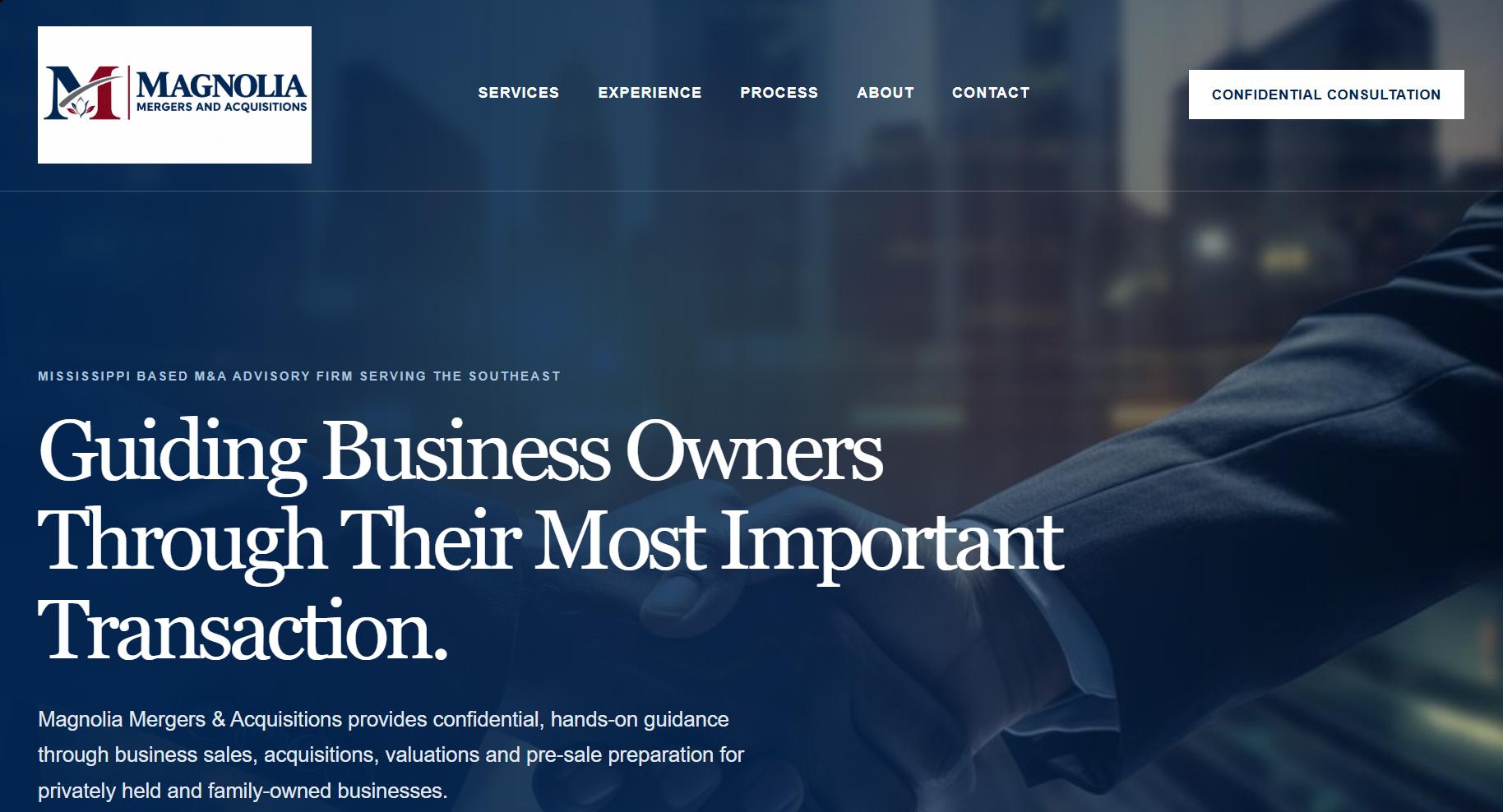 Magnolia homepage introducing its confidential advisory services against a navy handshake background