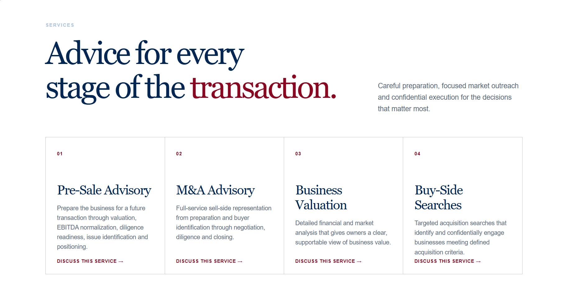 Magnolia service section organizing four advisory offerings into readable columns